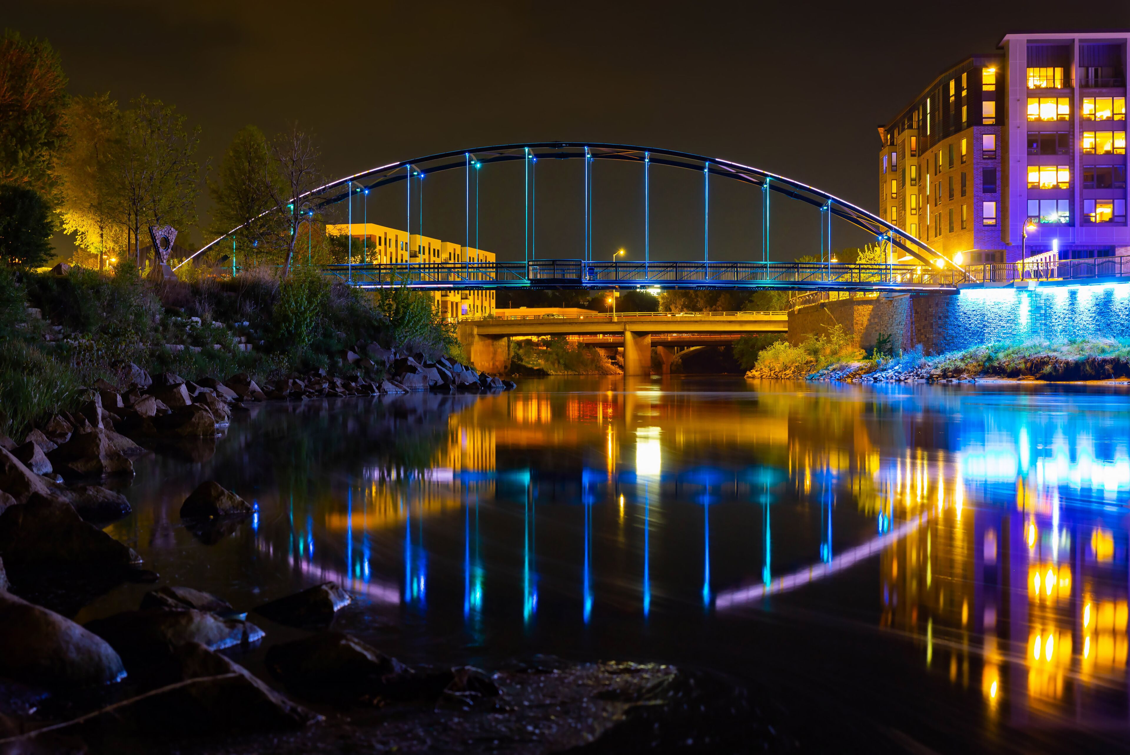 Phoenix Park Footbridge Glowing at Night in Eau Claire