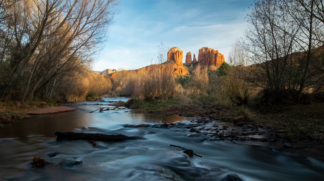 Sedona's iconic Cathedral Rock in morning light with Oak Creek flowing in the foreground, Crescent Moon Ranch, Sedona Arizona.