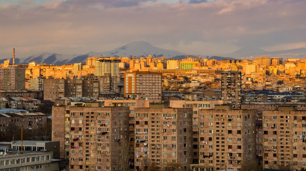 residential blocks of Ajapnyak and Arabkir districts and snow covered Mount Hatis scenic view from Malatia-Sebastia (Yerevan, Armenia)