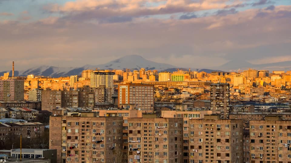 residential blocks of Ajapnyak and Arabkir districts and snow covered Mount Hatis scenic view from Malatia-Sebastia (Yerevan, Armenia)