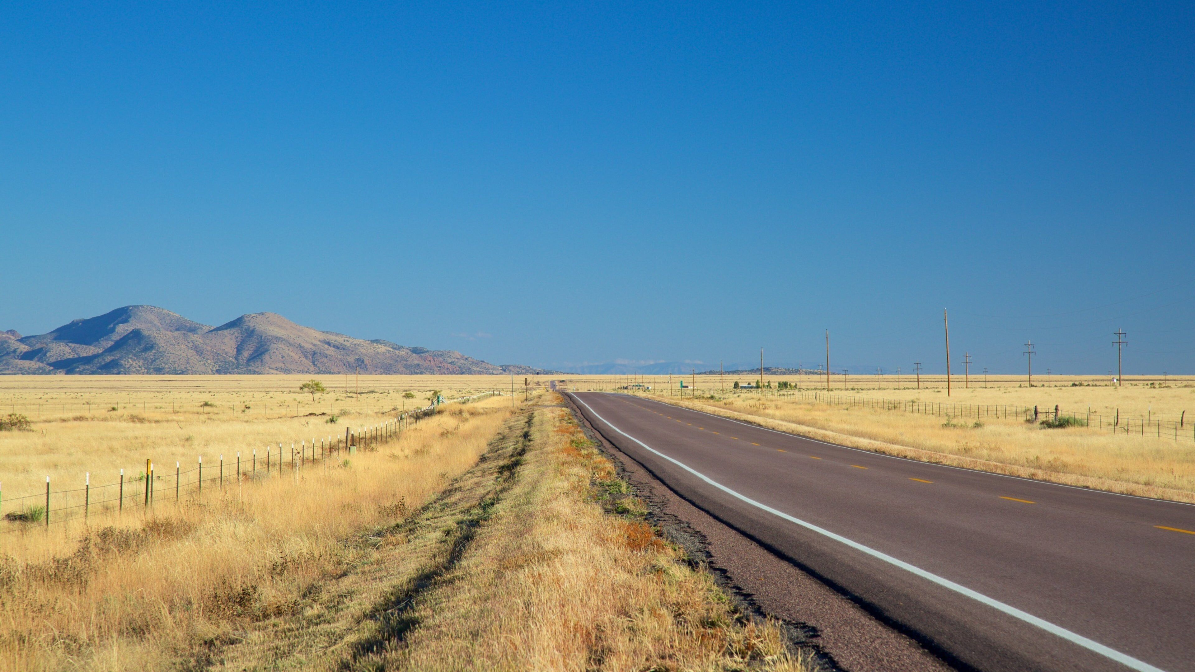 A straight road in a dry, grassy landscape with mountains in the distance and utility poles lining the road.