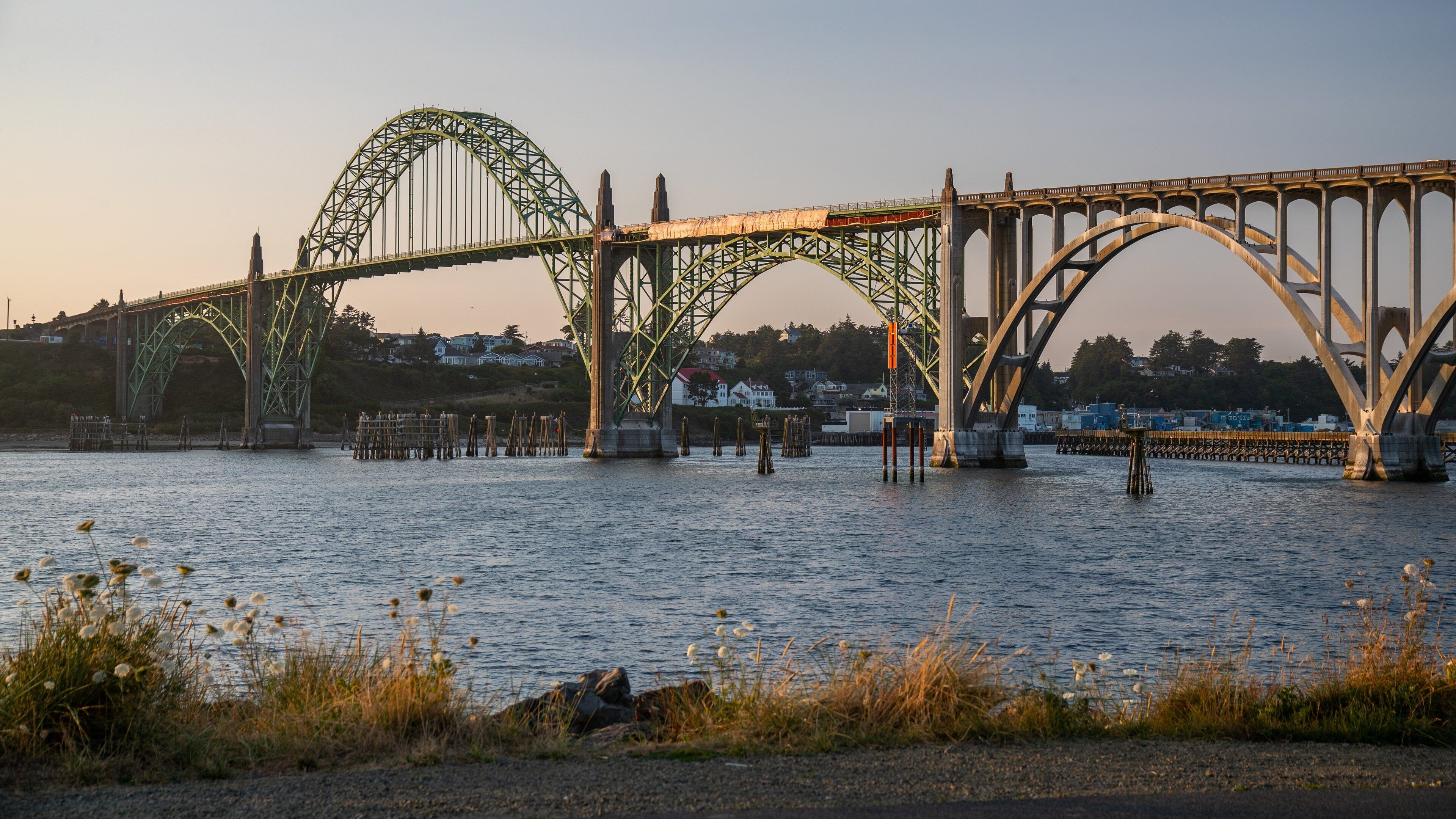 A large steel bridge with two large arches spanning a river, surrounded by residential buildings and greenery.