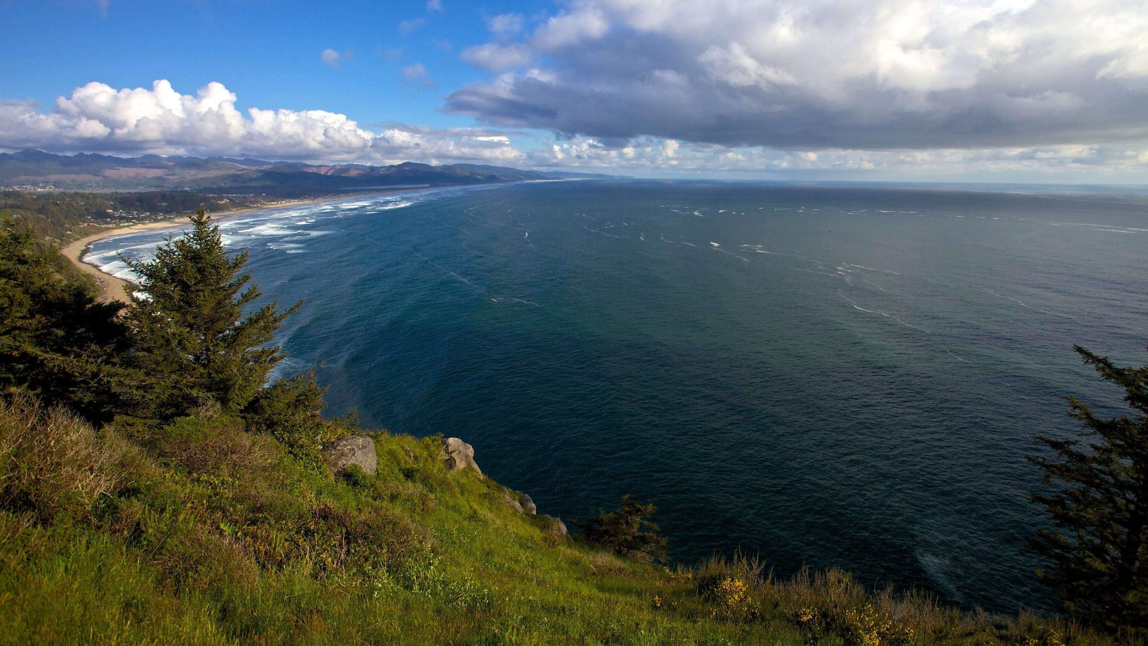 A coastal landscape with a beach, ocean waves, and a mountainous backdrop.