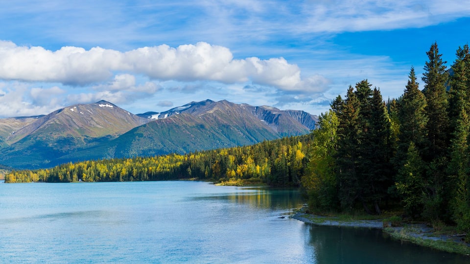 A mountain lake surrounded by forest and mountains.