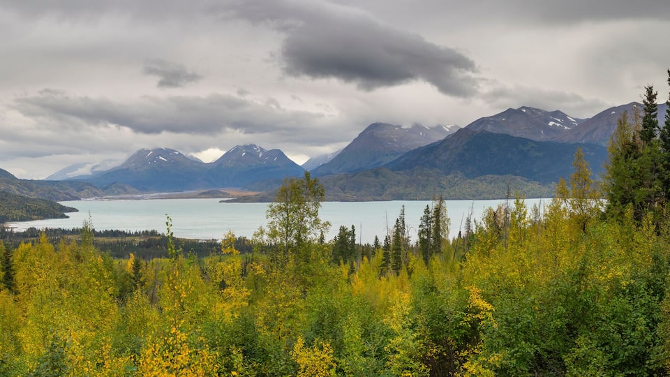 A mountainous landscape with a lake and autumn-colored trees.