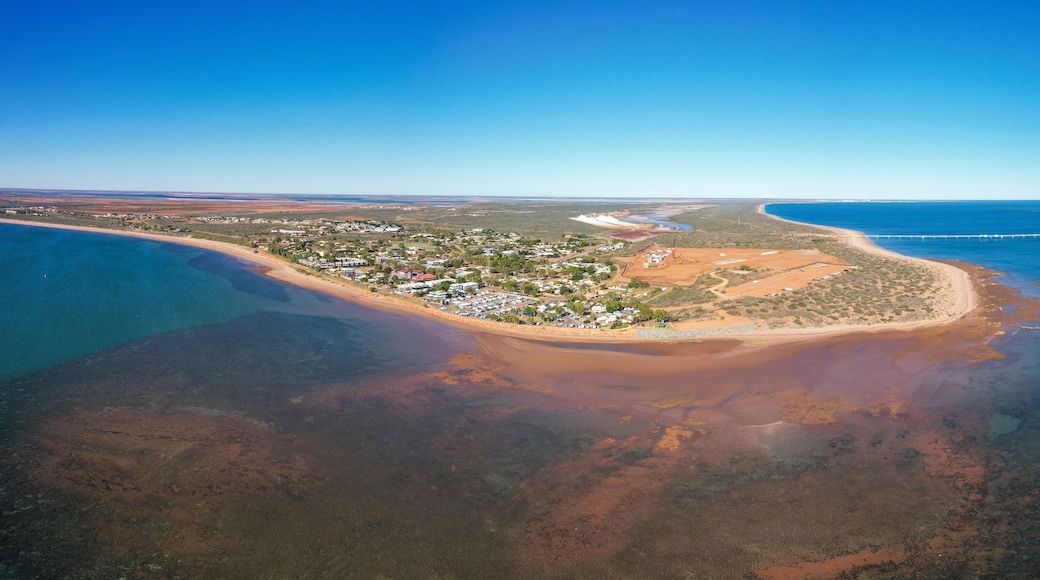 Aerial view of beadon bay at sunset with onslow sunset beach and onslow salt loading jetty, onslow, western australia.