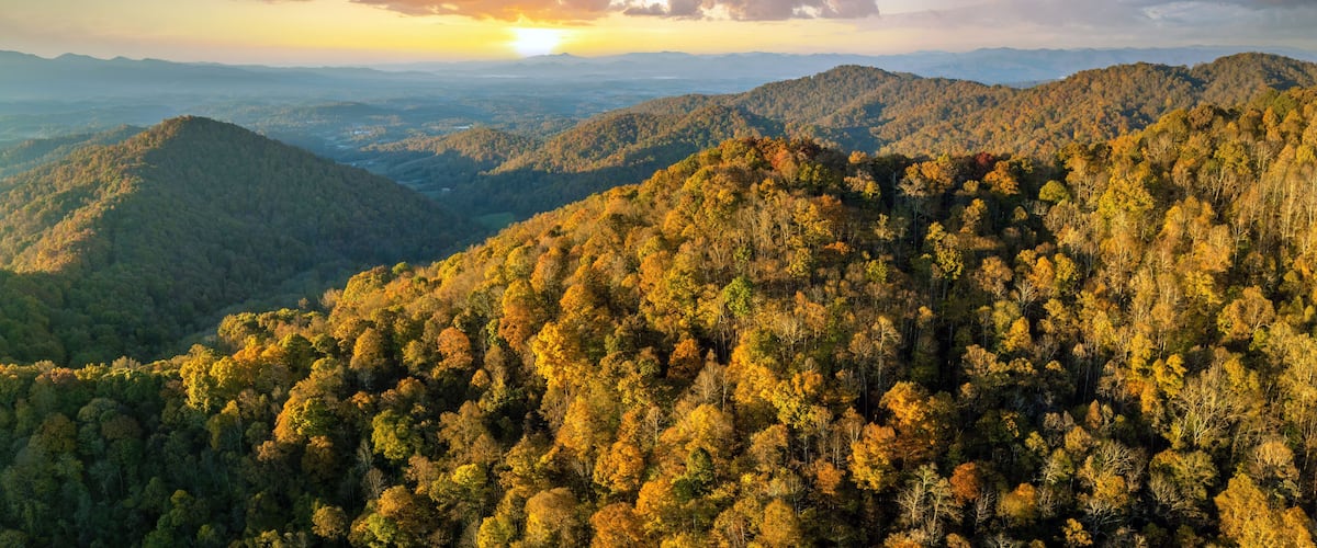 A mountainous landscape with dense forests and a sunset in the background.