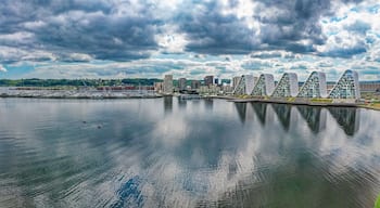 Vejle fjord highway bridge andBoelgen modern apartments, Denmark