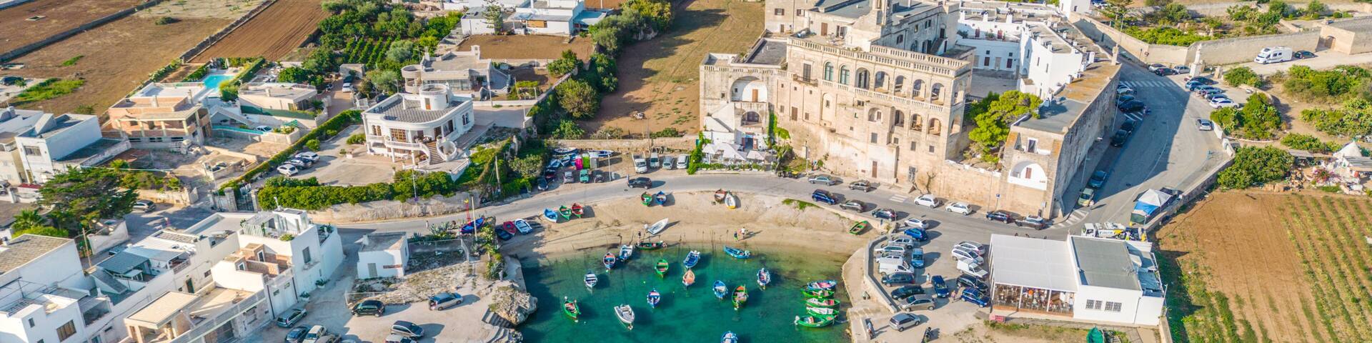 Aerial view of the Benedictine Abbey of San Vito. Polignano a mare. Puglia. Italy.