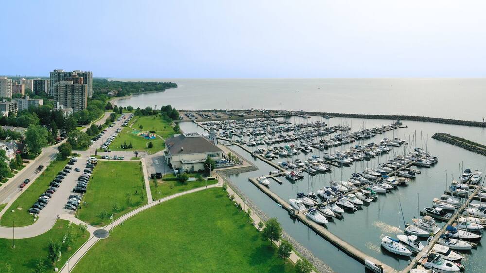 Aerial panorama scene of the Bronte area of Oakville, Ontario, Canada