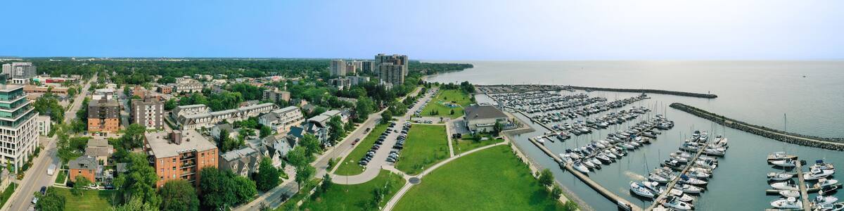 Aerial panorama scene of the Bronte area of Oakville, Ontario, Canada