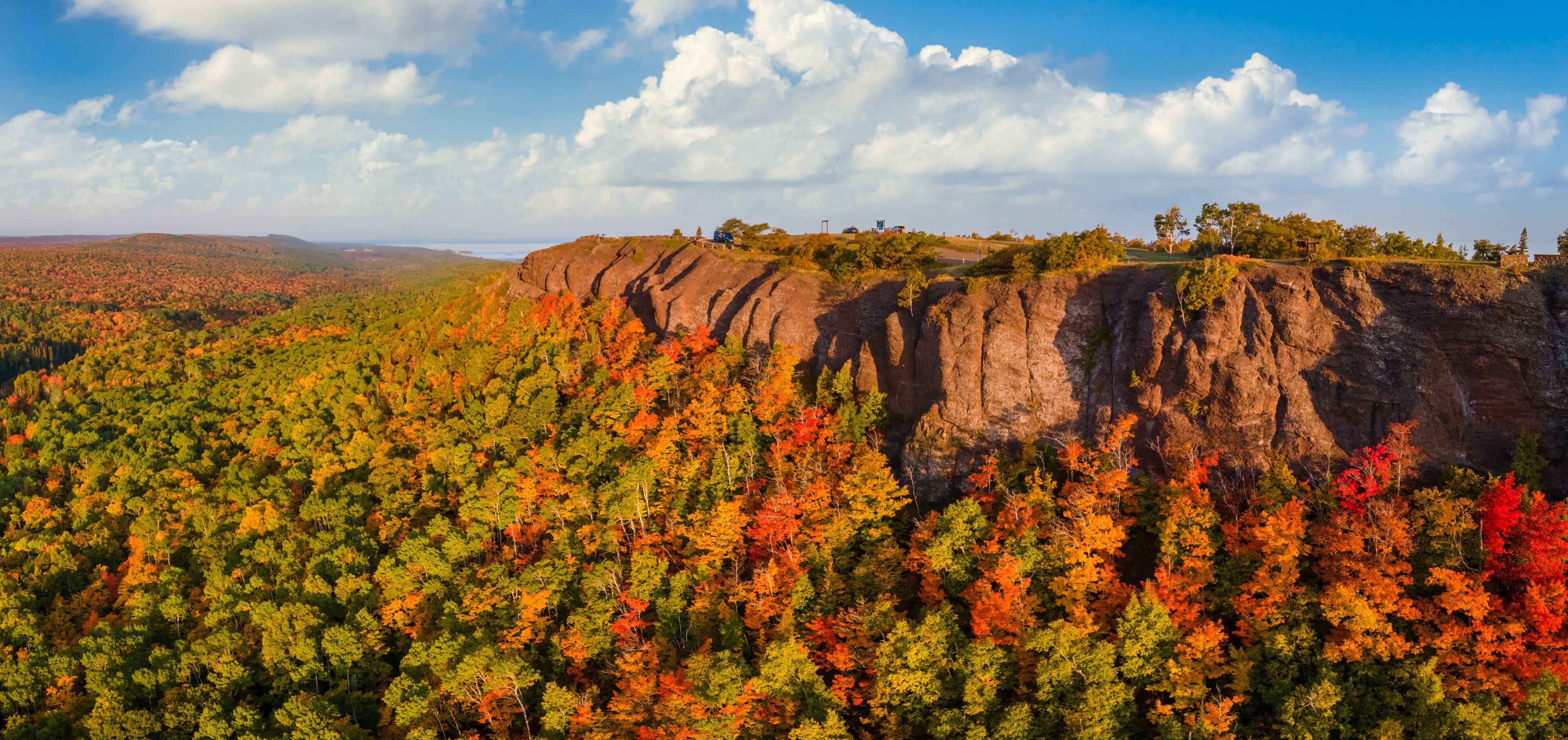 Autumn aerial view of Brockway Mountain Drive near Copper Harbor in the Michigan Upper Peninsula - Lake Superior