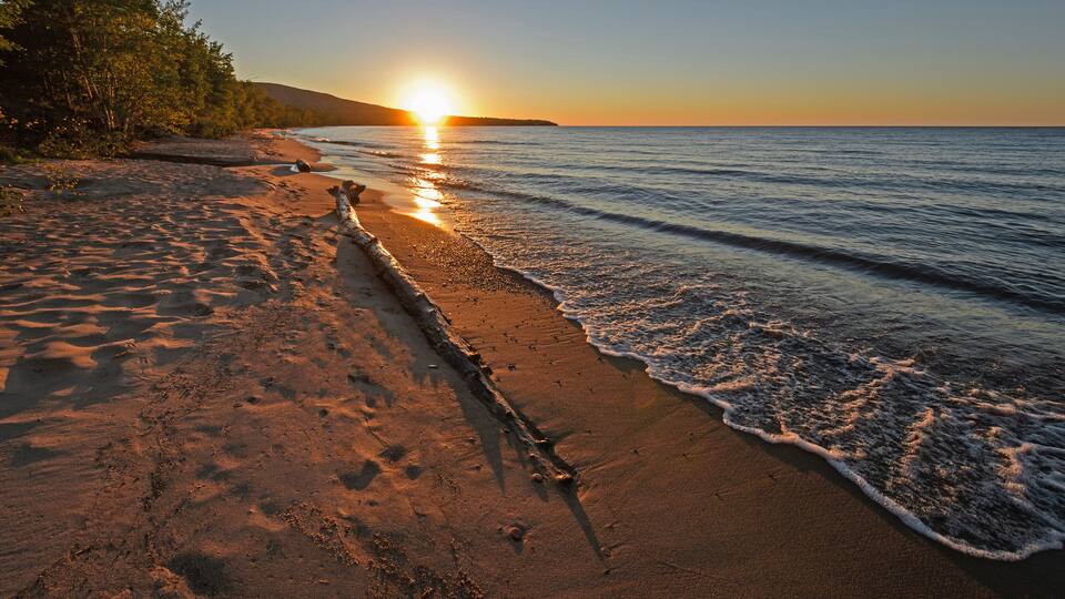 A beach with a sunset, waves, and a forested area.
