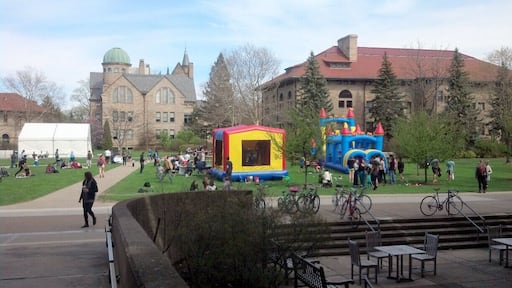 Wilder Bowl, the heart of Oberlin College, is a large, open grassy area where the students hangout on a nice day. It also hosts "stress-relieving" bouncy tents and obstacle courses during mid-terms.