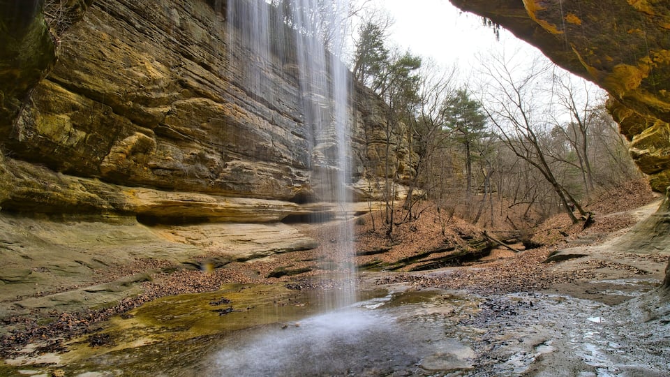 Early Spring landscape looking out from behind the LaSalle Canyon waterfall at Starved Rock State Park near Oglesby, Illinois.