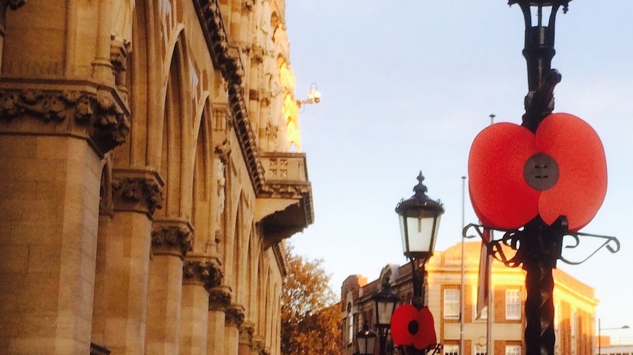 They shall grow not old,as we that are left grow old.
Age shall not weary them,nor the years condemn.
At the going down of the sun and in the morning.
We will remember them.
Remembrance In Northampton town centre......