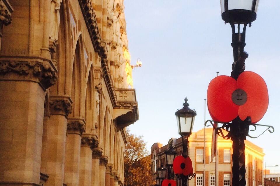 A street with ornate architecture, a vintage street lamp, and red poppy decorations.