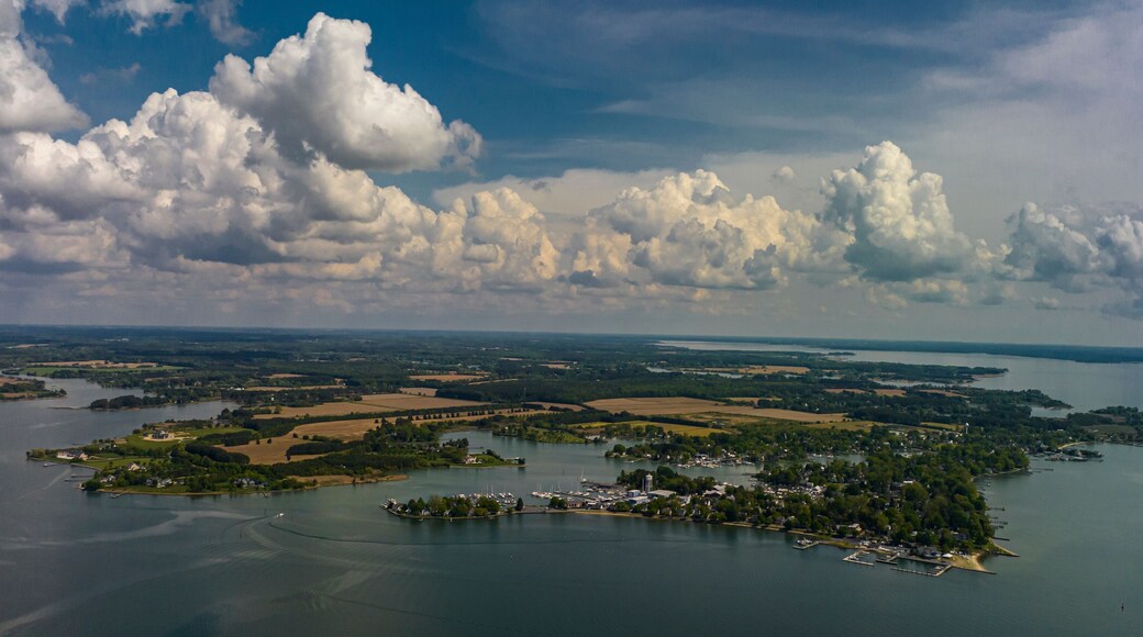 APRIL 27, 2023, OXFORD, EASTERN SHORE MARYLAND - USA - aerial view of small Chesepeake Bay fishing town, Oxford, MD