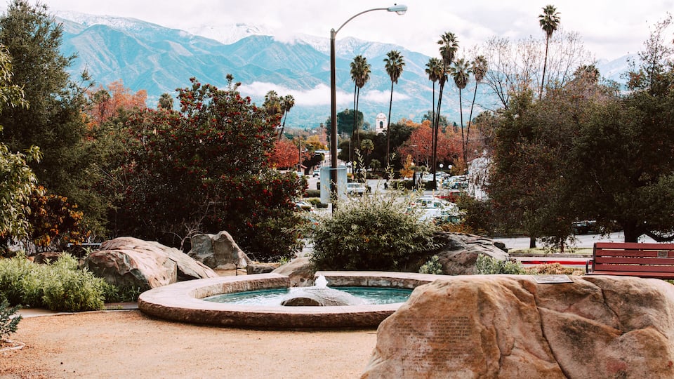 Downtown Ojai California after a winter snow in the mountains