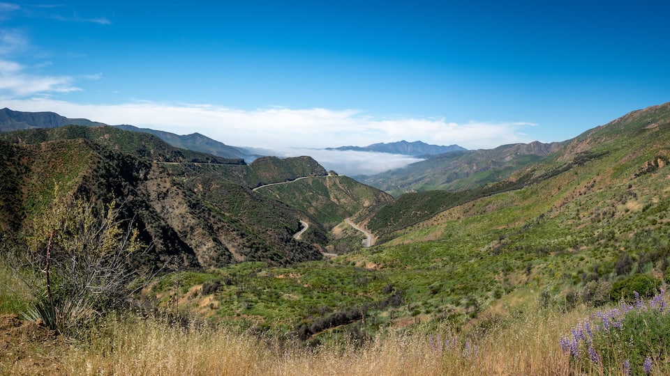 A mountainous landscape with winding roads and lush greenery.