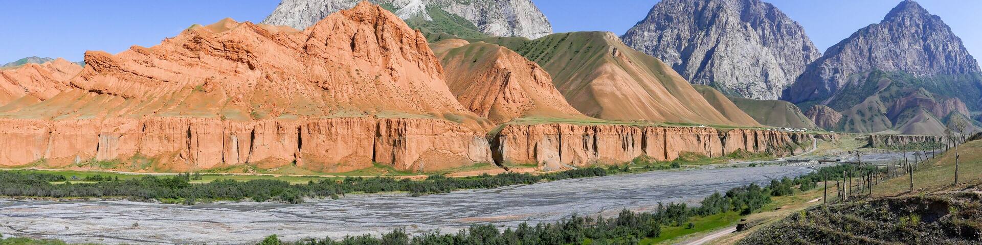 Colorful mountain landscape view in Gulcha river valley in the Alay or Alai range between Sary Tash and Osh, Kyrgyzstan