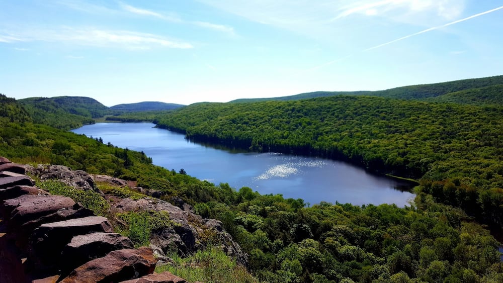 A river winding through a forested valley with a clear sky.