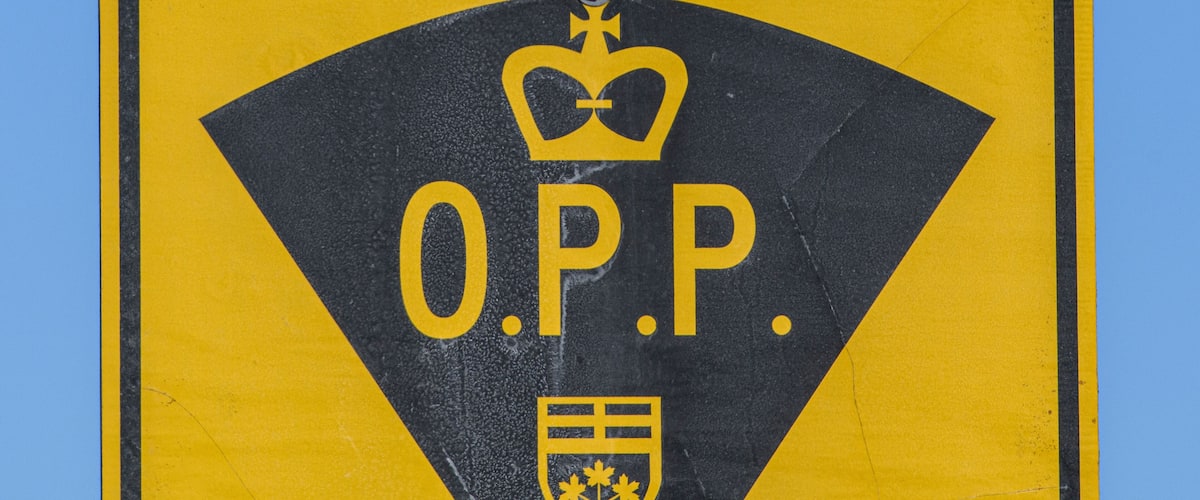 A bird perched on a traffic sign with the letters 'O.P.P.' and a crown symbol.
