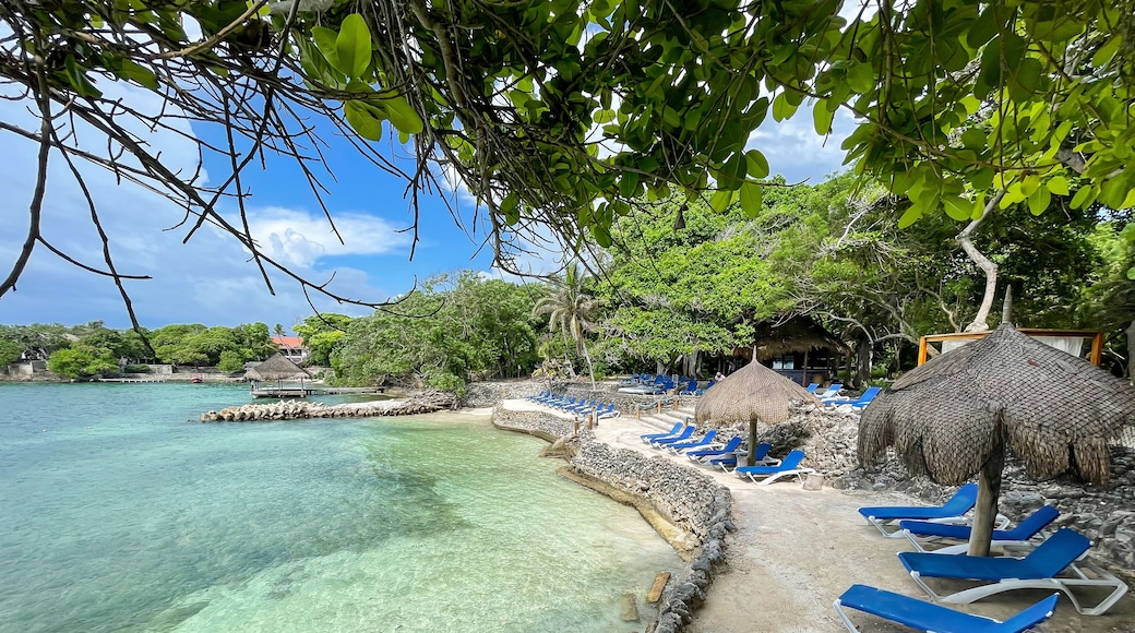 View of a tropical beach with turquoise water in Baru, Islas del Rosario, Cartagena de Indias, Colombia.