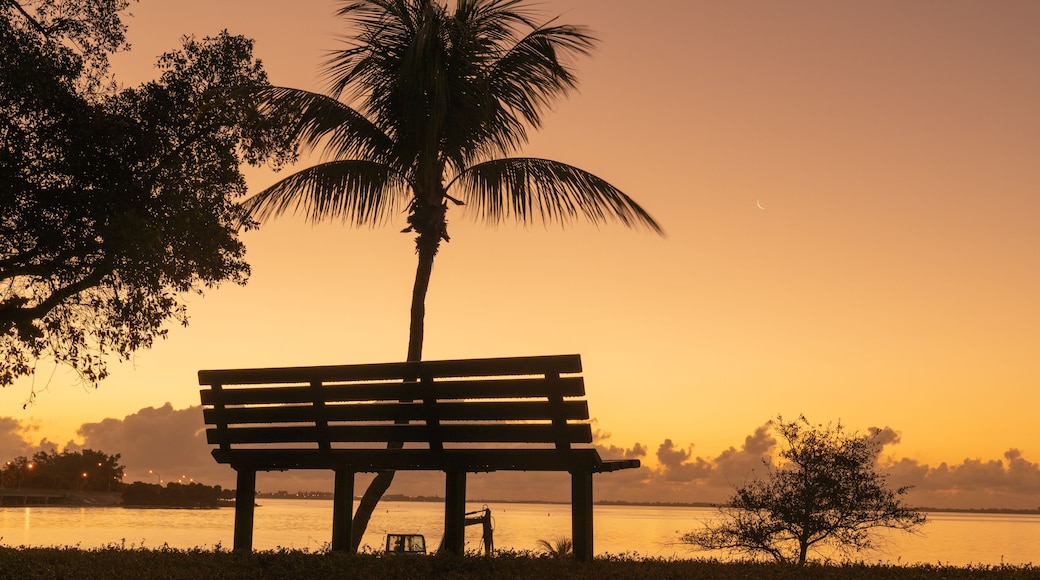 sunset in the park bench views sky orange clouds sunrise miami florida palm