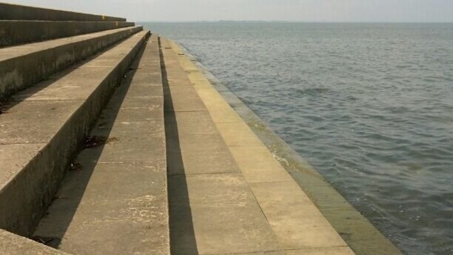 A view of the break wall behind the resort at Maumee Bay State Park looking out into Lake Erie, one of the Great Lakes.