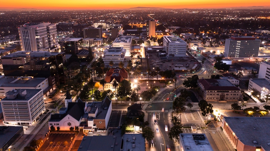 Sunset aerial view of the urban core of downtown Santa Ana, California, USA.