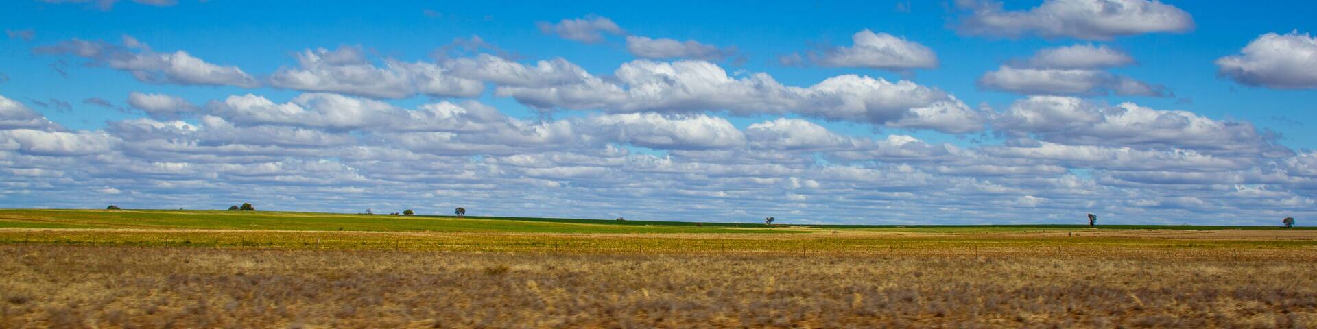 Farmland between Roma and Charleville with cloud formations. Blue sky with trees on hill top. Queensland, Australia.
