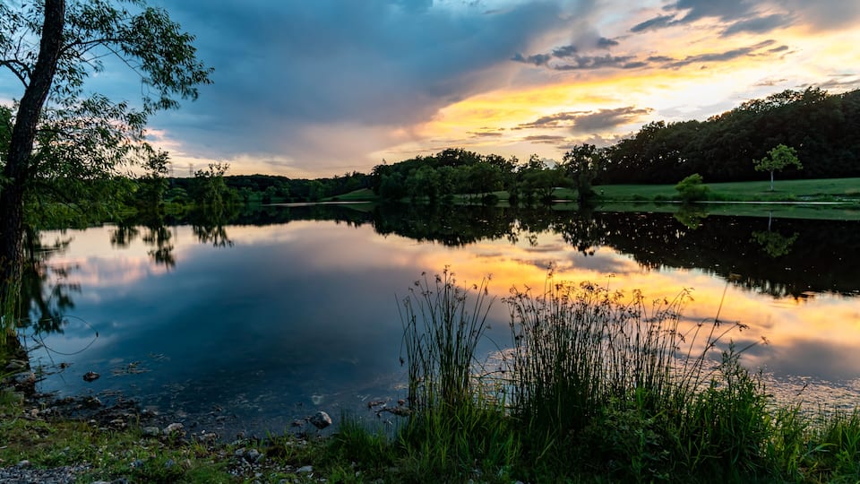 A calm lake with reflections of trees and a sunset sky.