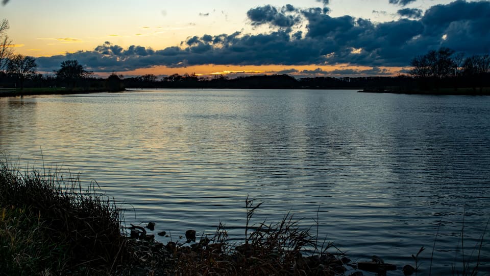 A calm lake at sunset with a silhouette of trees and a cloudy sky.