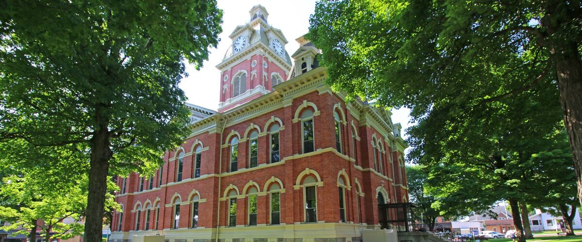 LaGrange County Courthouse is a historic courthouse located in LaGrange, LaGrange County, Indiana. The front facade consists of a central clock tower flanked by square corner pavilions.