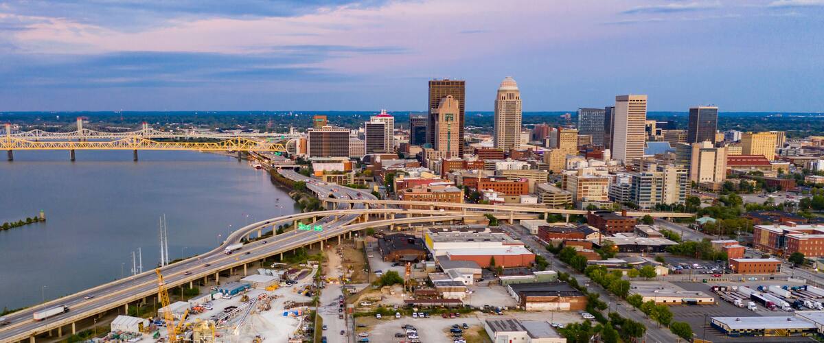 Aerial Perspective over Downtown Louisville Kentucky on the Ohio River
