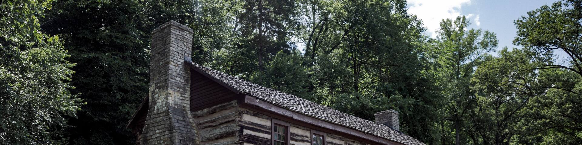 A rustic log cabin surrounded by lush greenery.