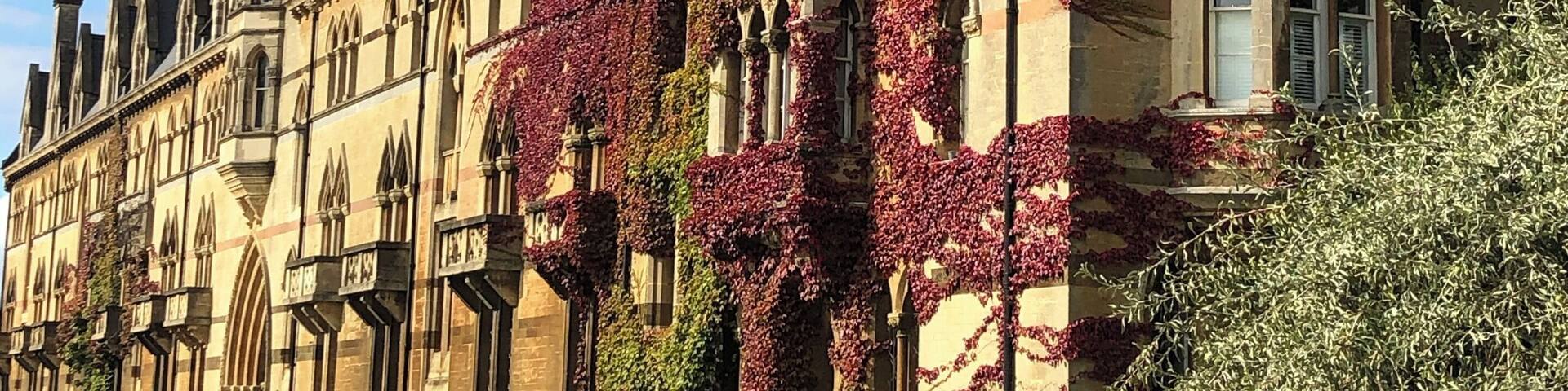 A historic building with Gothic architecture, ivy-covered walls, and a well-maintained lawn.