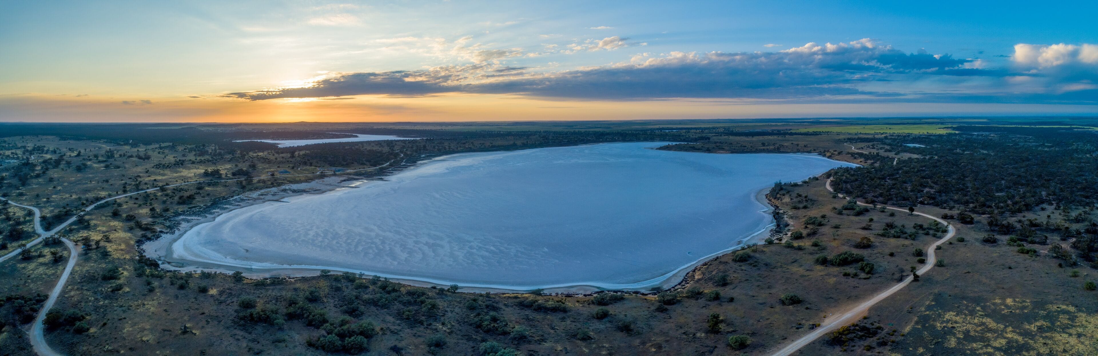 Aerial panoramic landscape of scenic salt lake Crosbie at sunrise