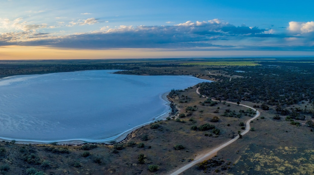 Aerial panoramic landscape of scenic salt lake Crosbie at sunrise