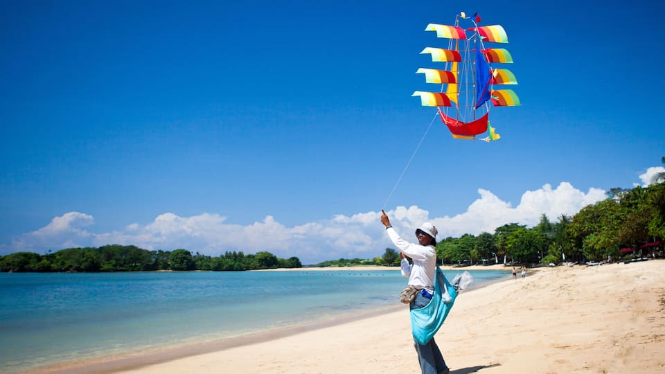 A person flying a colorful kite on a sandy beach with clear blue water and green trees in the background.