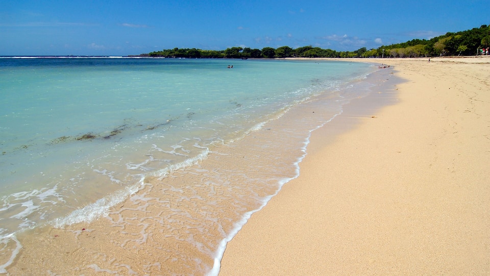 A sandy beach with clear turquoise water and a distant shoreline.