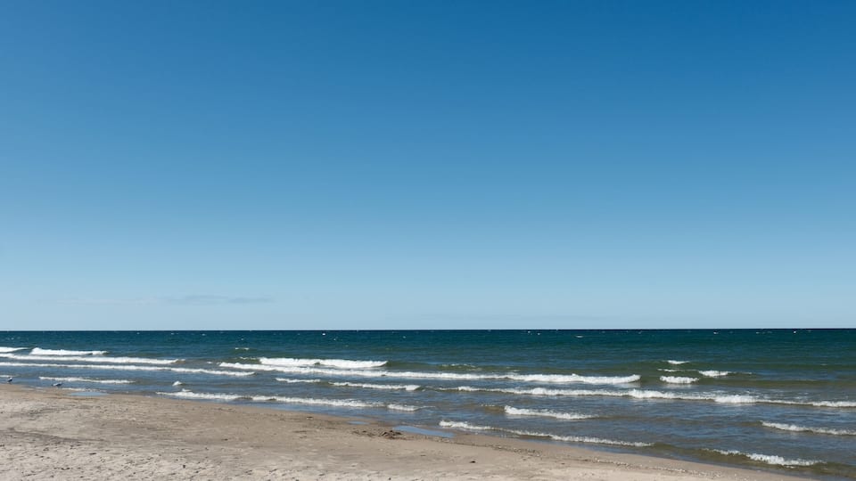 A beach with waves, clear sky, and distant horizon.