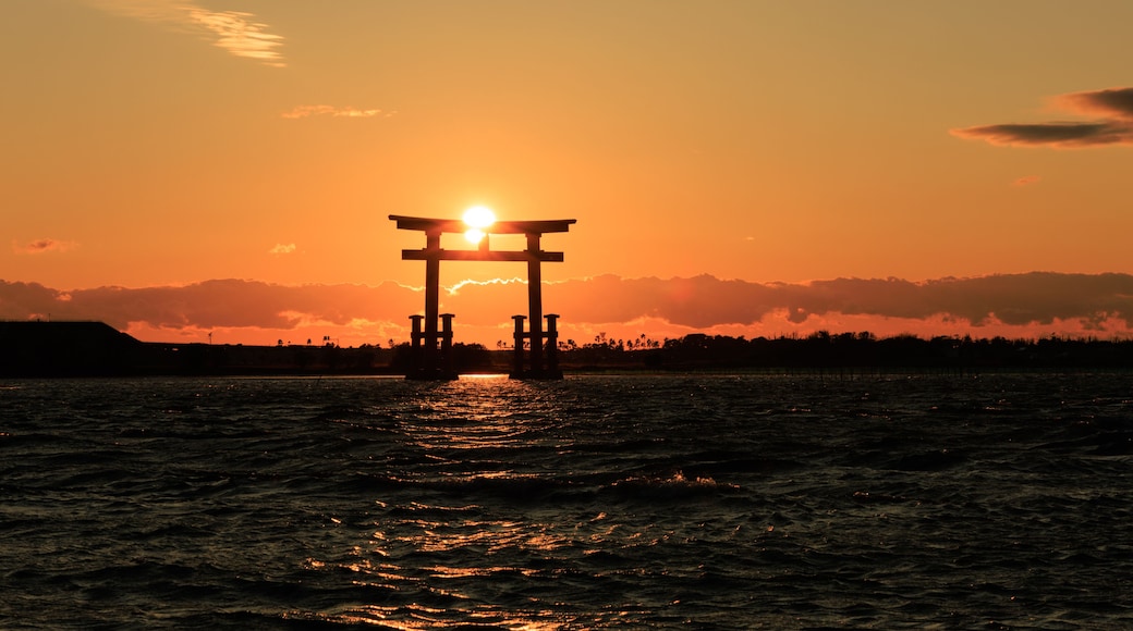 Torii gate silhouette at sunset on New Year's Day, Bentenjima, Hamamatsu, Shizuoka, Japan