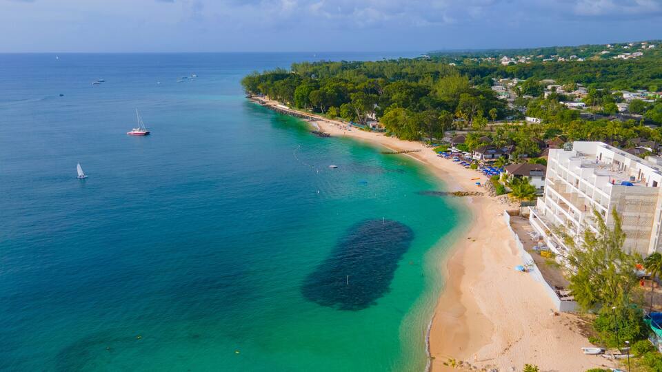 Holetown Beach and coastal resorts aerial view in historic city center of Holetown, St. James Parish, Barbados.