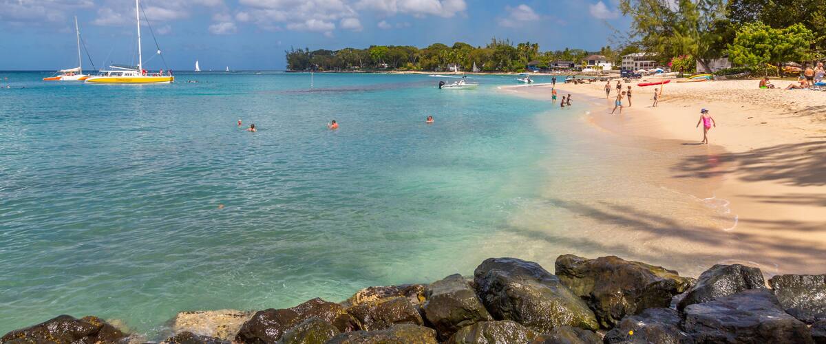 View of beach and Caribbean Sea at Holetown, Barbados, West Indies, Caribbean