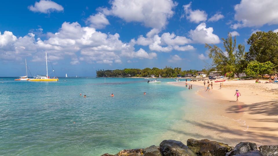 View of beach and Caribbean Sea at Holetown, Barbados, West Indies, Caribbean