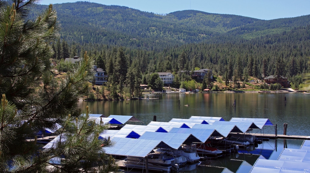 Post Falls showing a small town or village, mountains and a lake or waterhole