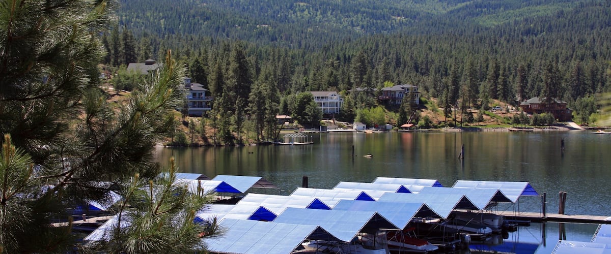 A lake surrounded by dense forests and mountains, with several houses and a dock with boats.
