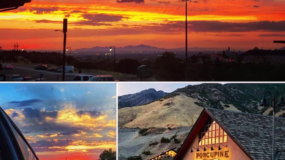 Sunset looking west from the Porcupine Pub and Grille in Sandy, Utah. Fort Union/Cottonwood Heights area at the base of Big Cottonwood Canyon. đ